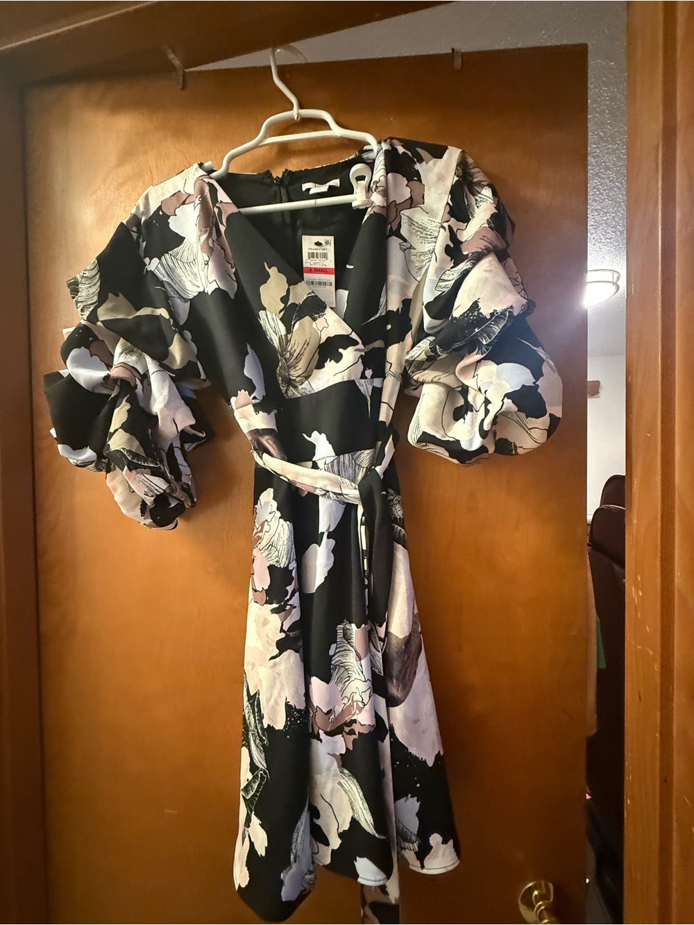 Bar III Black Floral Midi Wrap Dress with Lavender and Cream Accents